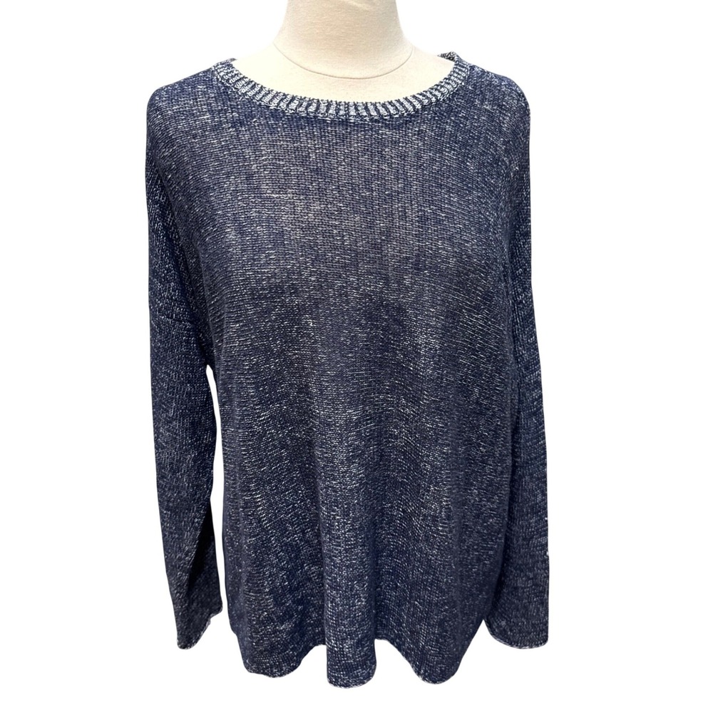 Eileen Fisher Organic Linen Marled Knit Sweater Navy XL Boxy Semi Sheer Coastal